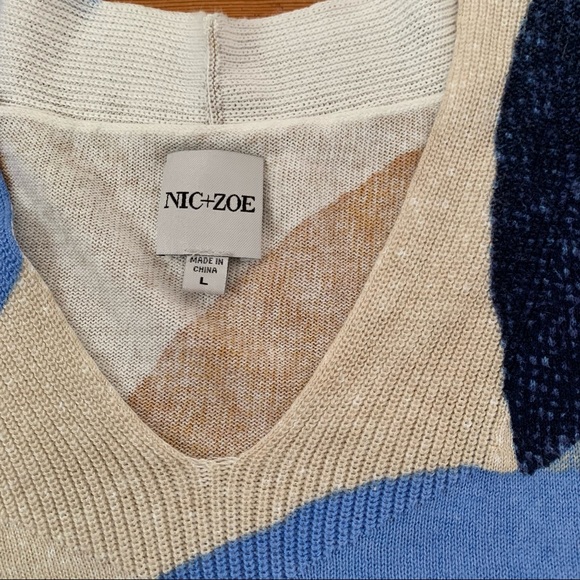 Nic+Zoe OCEAN ISLE Short Sleeve V Neck Loose Fitting Blue Geometric Knit SWEATER - Picture 14 of 16